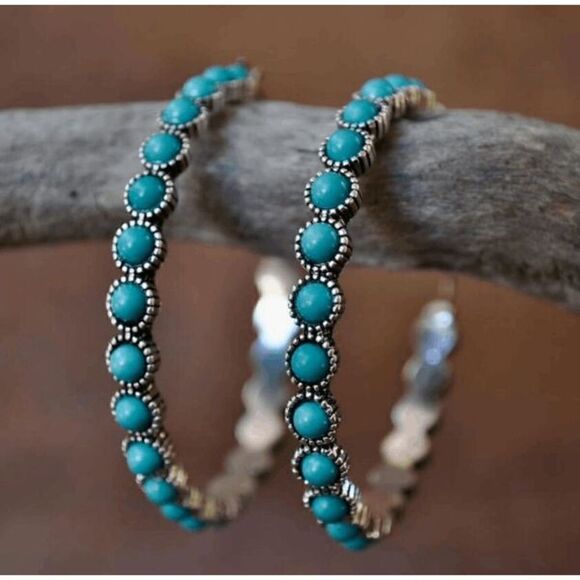 SILVER TURQUOISE HOOP WESTERN SOUTHWESTERN EARRINGS - Picture 1 of 5